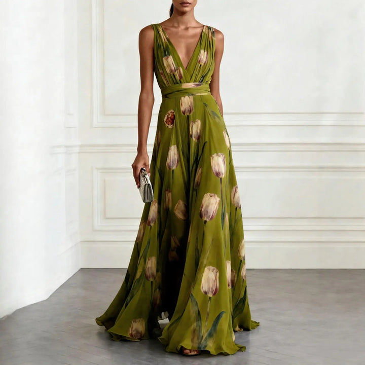 Josephina | Tulip Print V-Neck Maxi Wedding Guest Dress
