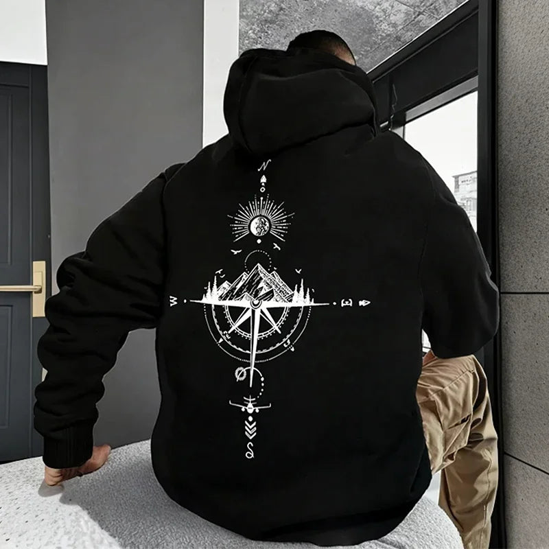 Men’s Vintage Compass Print Hoodie-HighTouch