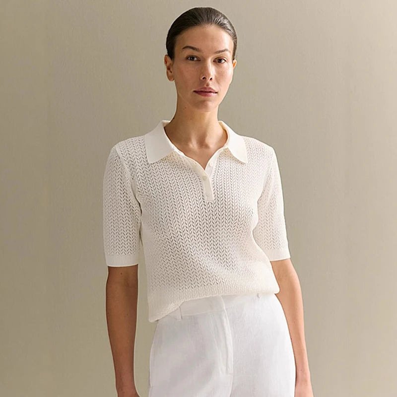 Tornova Loose Knit Polo Tee – Summer Casual Women's Top-HighTouch