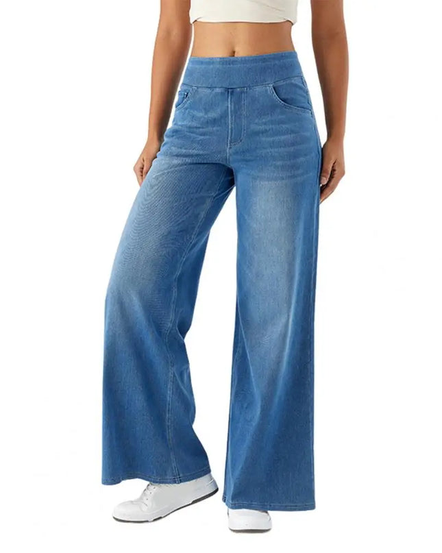 High-Waist Full-Length Solid Colour Jeans – Straight-Wide Leg with Elastic Waist & Pockets