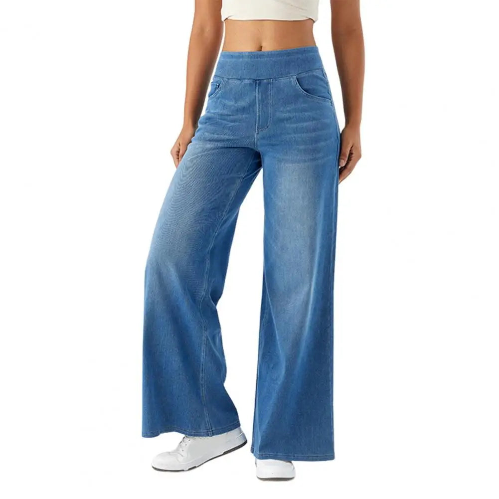 High-Waist Full-Length Solid Colour Jeans – Straight-Wide Leg with Elastic Waist & Pockets