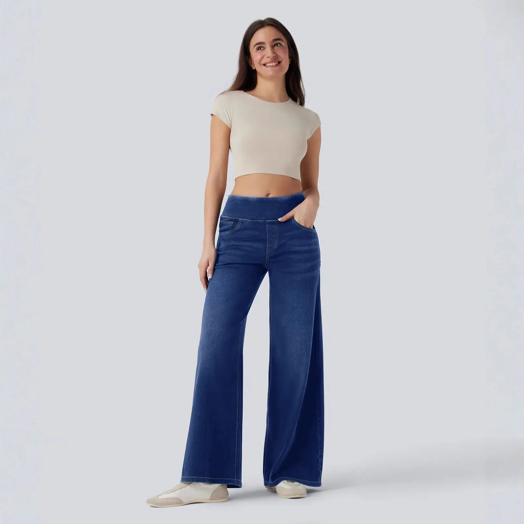 Women’s High-Waist Wide-Leg Zip Denim Jeans Casual Pants-HighTouch