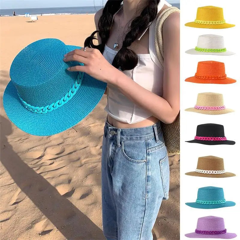 Adjustable Flat‑Top Yellow Straw Fedora