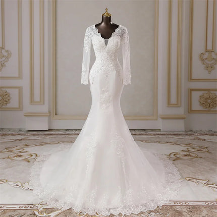Custom Long‑Sleeve Mermaid Wedding Dress with Lace Appliqués