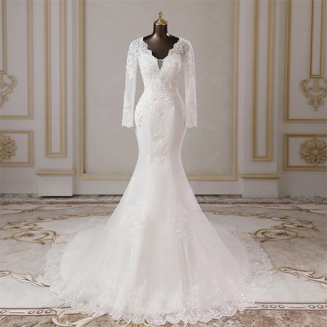 Custom Long‑Sleeve Mermaid Wedding Dress with Lace Appliqués