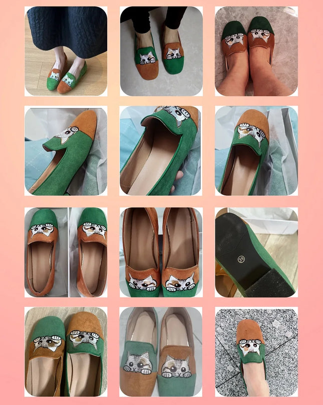 Cat Embroidered Ballet Slippers