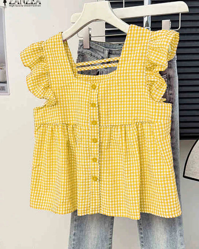 Plaid Ruffle Sleeveless Tunic – Women’s Summer Square Neck Camisole