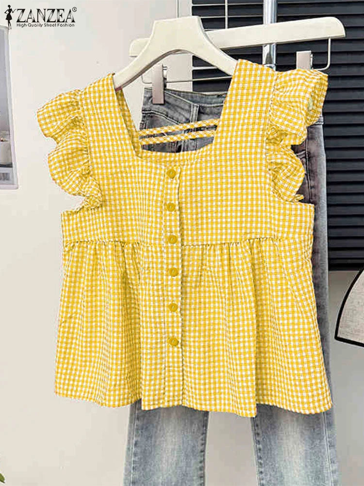 Tunica senza maniche con volant a quadri – Canottiera estiva da donna con scollo quadrato