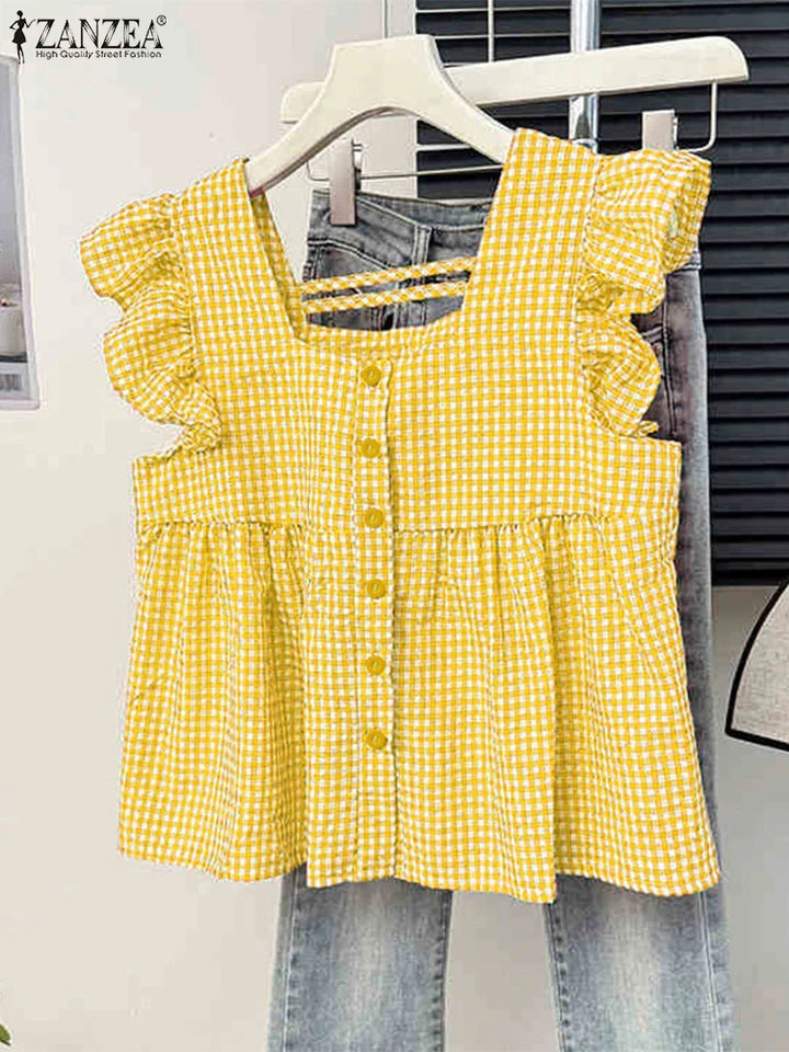 Plaid Ruffle Sleeveless Tunic – Women’s Summer Square Neck Camisole-HighTouch