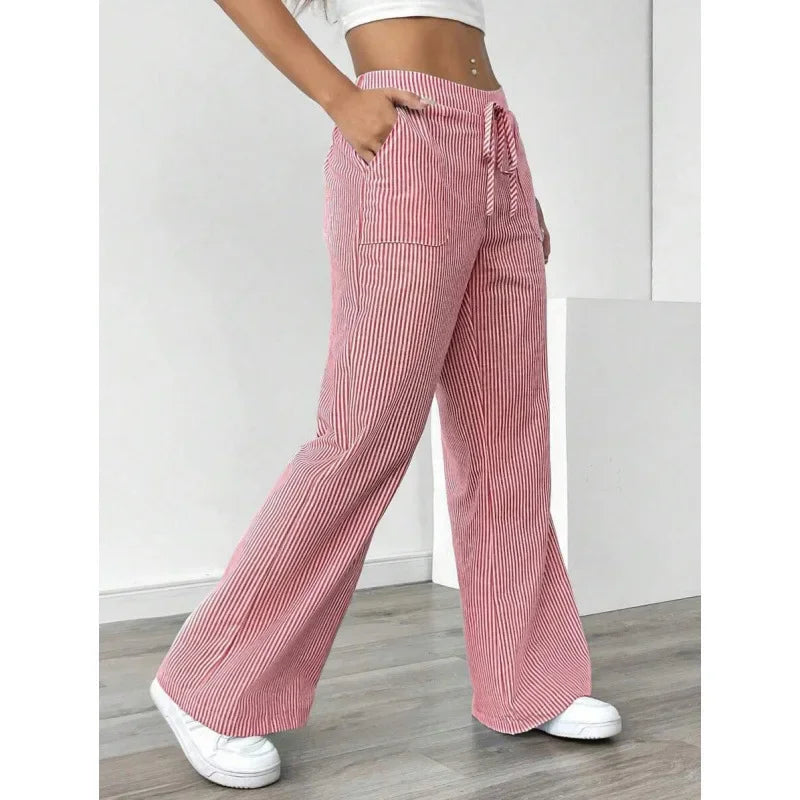 Women’s High-Waisted Loose Wide-Leg Striped Trousers-HighTouch