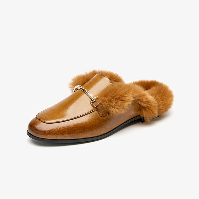 Beau Today Women's Calfskin Leather Mules with Rabbit Fur Lining