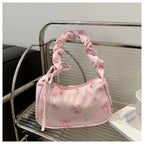 Floral Bow Canvas Pleated Drawstring Shoulder Bag – Aesthetic Underarm Purse-HighTouch