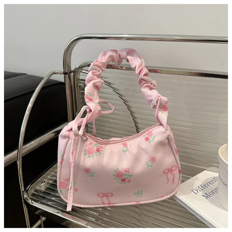 Floral Bow Canvas Pleated Drawstring Shoulder Bag – Aesthetic Underarm Purse