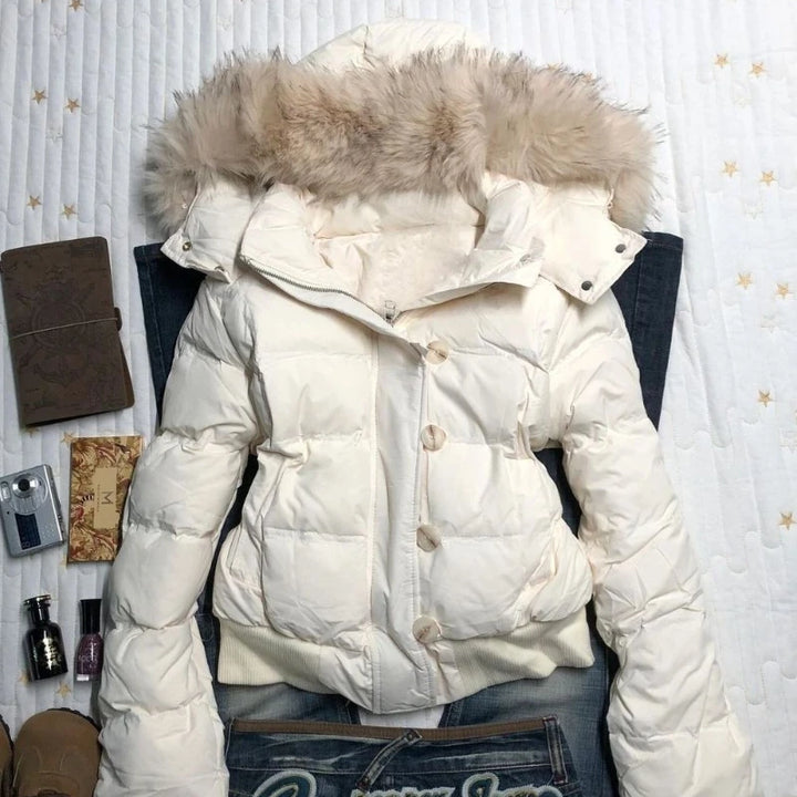 Winter Puffer Coat Women Fur Collar Hooded Cotton Padded Jacket