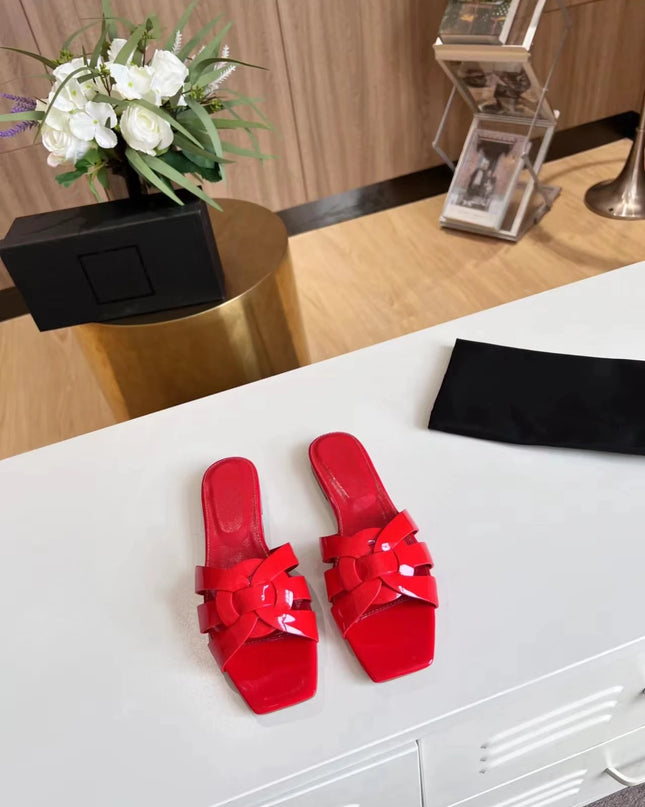 Genuine Leather Square Toe Summer Slides