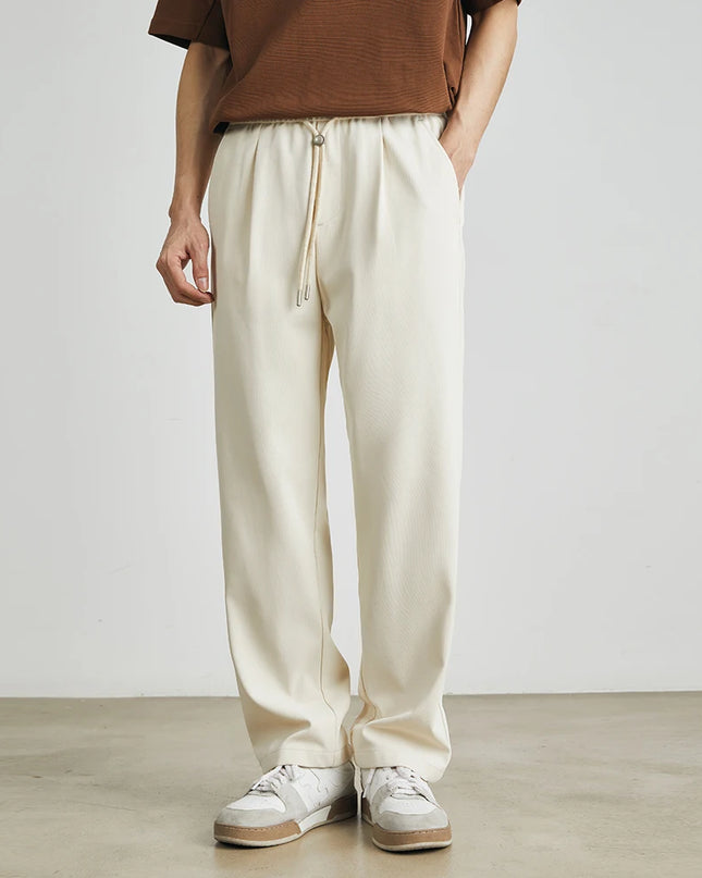 Men’s Straight-Leg Drawstring Trousers – Japanese Casual Elastic Waist Pants