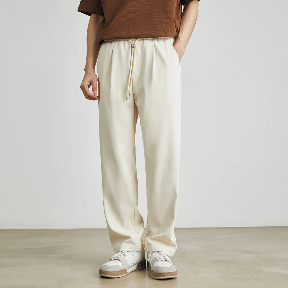 Men’s Straight-Leg Drawstring Trousers – Japanese Casual Elastic Waist Pants