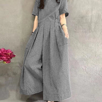 ZANZEA Gingham Wide-Leg Jumpsuit – Pleated Waist Casual Romper