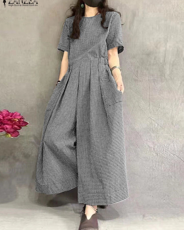 ZANZEA Gingham Wide-Leg Jumpsuit – Pleated Waist Casual Romper