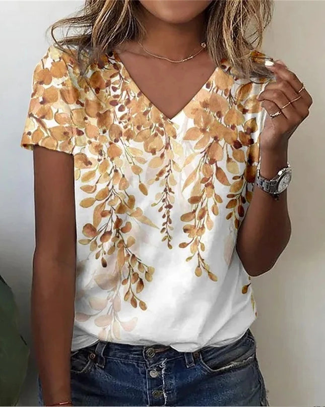 Vintage Floral 3D Print V‑Neck Tee – Oversized Harajuku Style