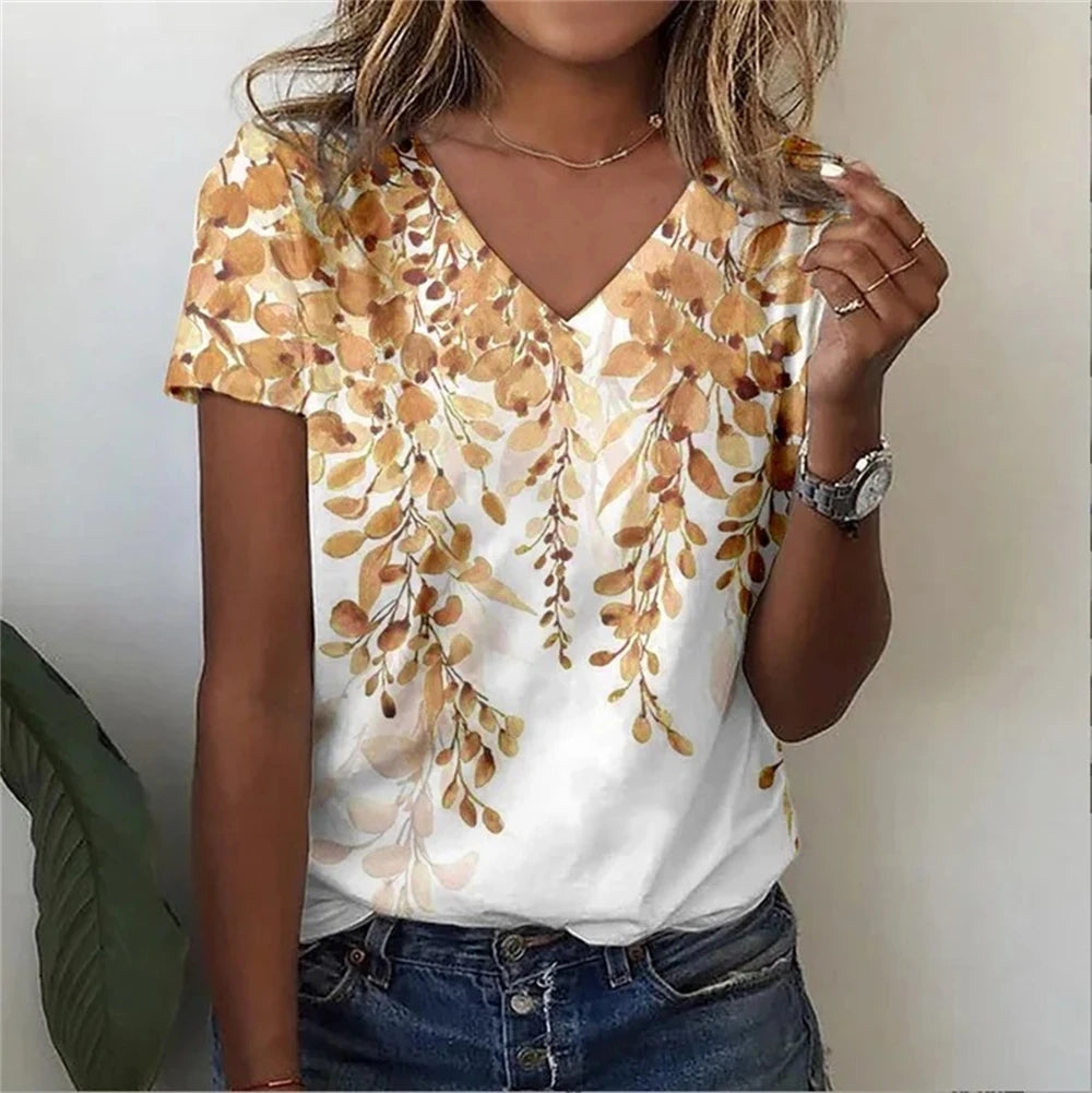 Vintage Floral 3D Print V‑Neck Tee – Oversized Harajuku Style-HighTouch