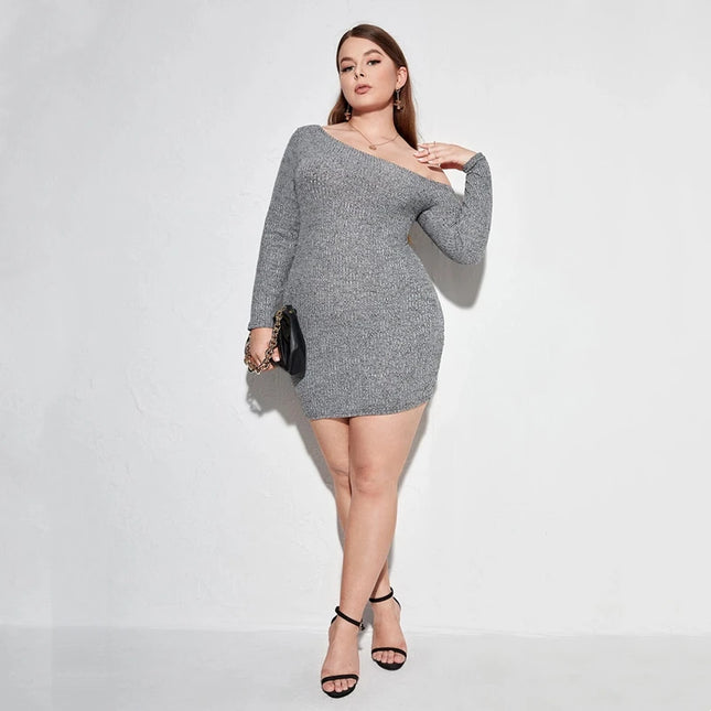 Plus-Size Oblique-Neck Long Sleeve Ribbed Bodycon Dress