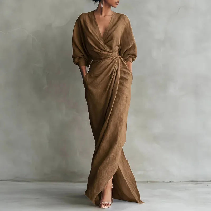 Linda - Boho V Neck Wrap Waist Maxi Dress