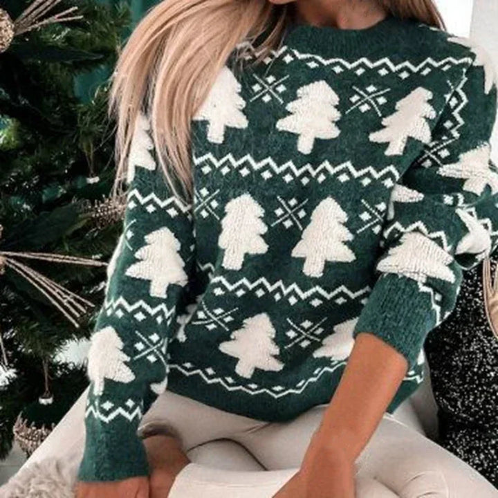 Women's Textured Motif Christmas Crew Neck Knit Sweater