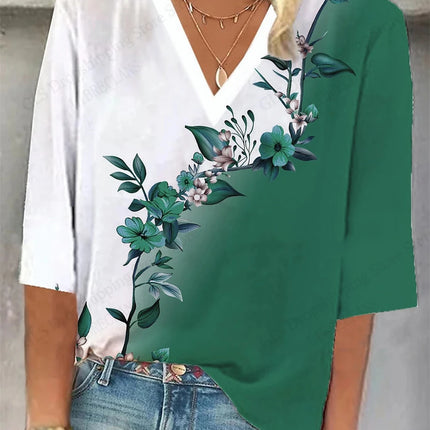 Vintage 3D Floral Oversized V‑Neck Tee – Breezy Summer Style