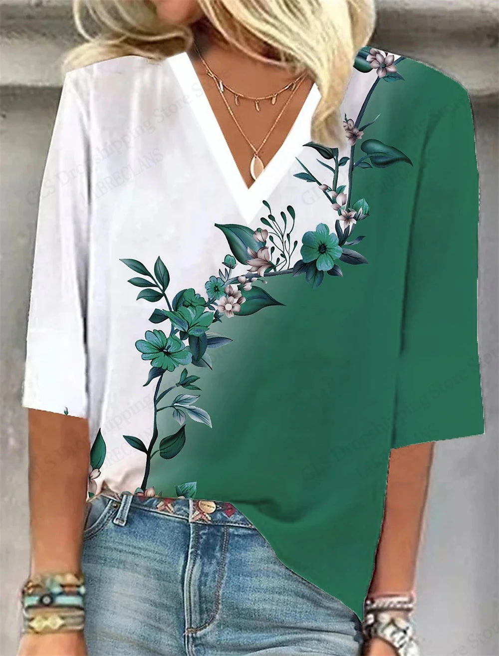 Vintage 3D Floral Oversized V‑Neck Tee – Breezy Summer Style