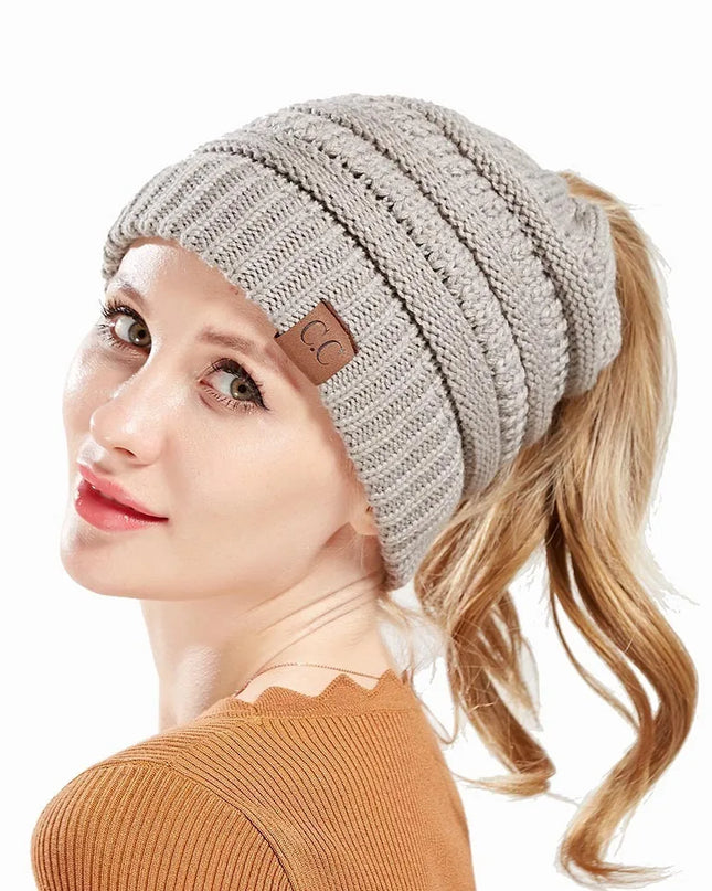 Cable Knit Ponytail Beanie