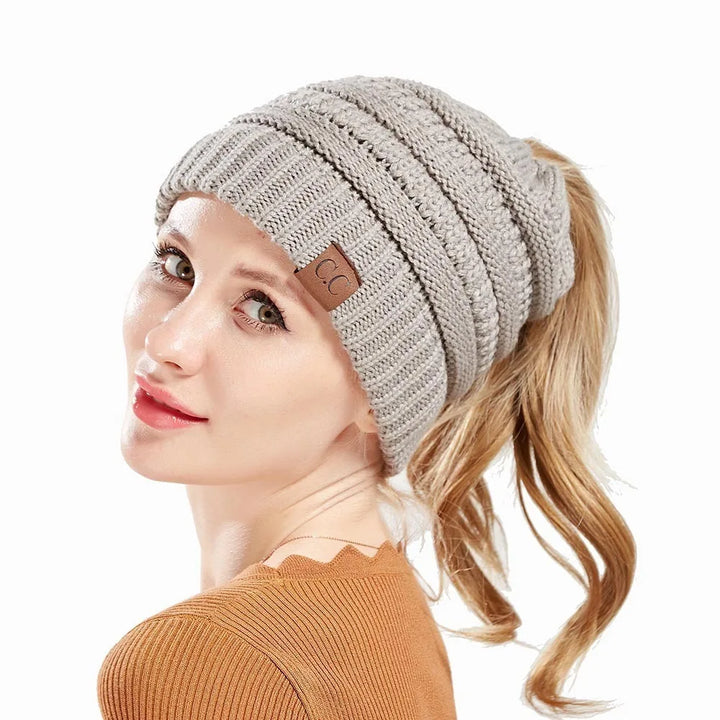 Cable Knit Ponytail Beanie-HighTouch