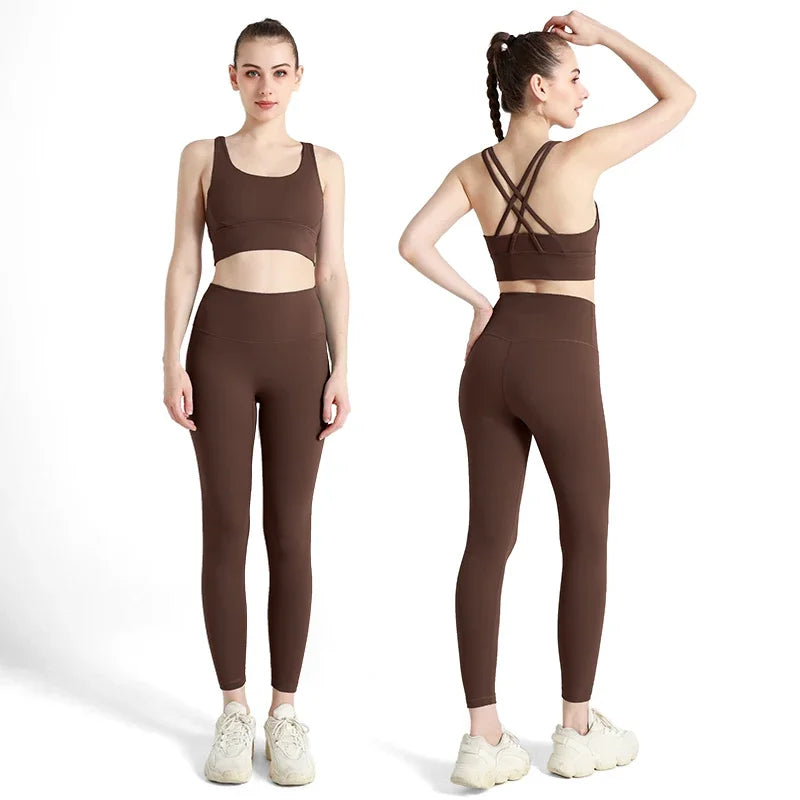 Summer New 2 Piece Yoga Clothes Women's Tracksuit Athletic Cross Back Nylon Yoga Top Women Sports Bra Leggings Pilates Fitness-HighTouch