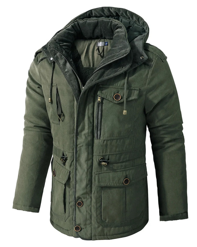 Men’s Hooded Fleece-Lined Cotton Parka – Thickened Mid-Length Winter Coat with Multi-Pockets