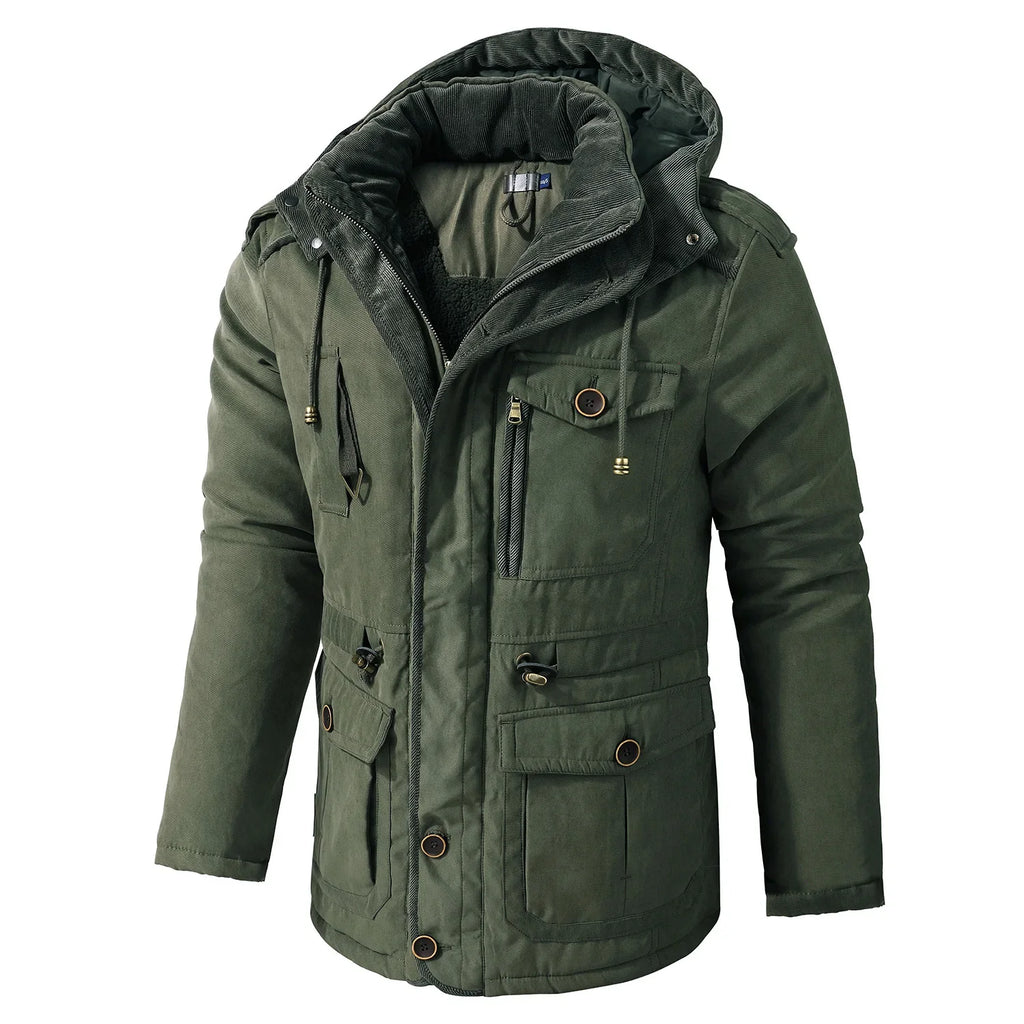 Men’s Hooded Fleece-Lined Cotton Parka – Thickened Mid-Length Winter Coat with Multi-Pockets-HighTouch