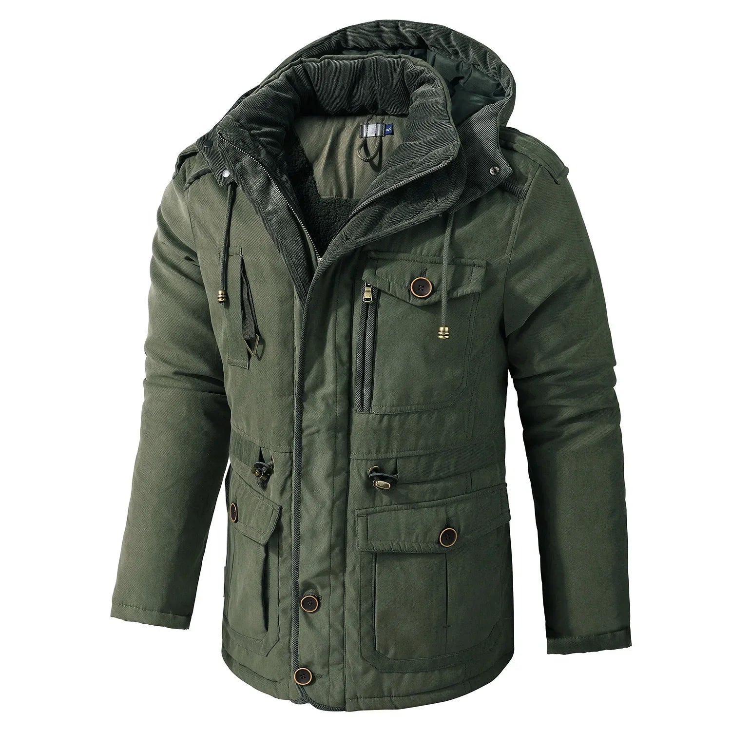 Men’s Hooded Fleece-Lined Cotton Parka – Thickened Mid-Length Winter Coat with Multi-Pockets-HighTouch