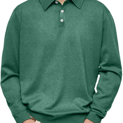 Men’s Long-Sleeve V-Collar Solid Polo Shirt – Loose Fit Casual Knitwear