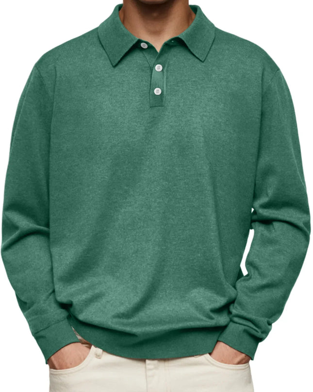 Men’s Long-Sleeve V-Collar Solid Polo Shirt – Loose Fit Casual Knitwear