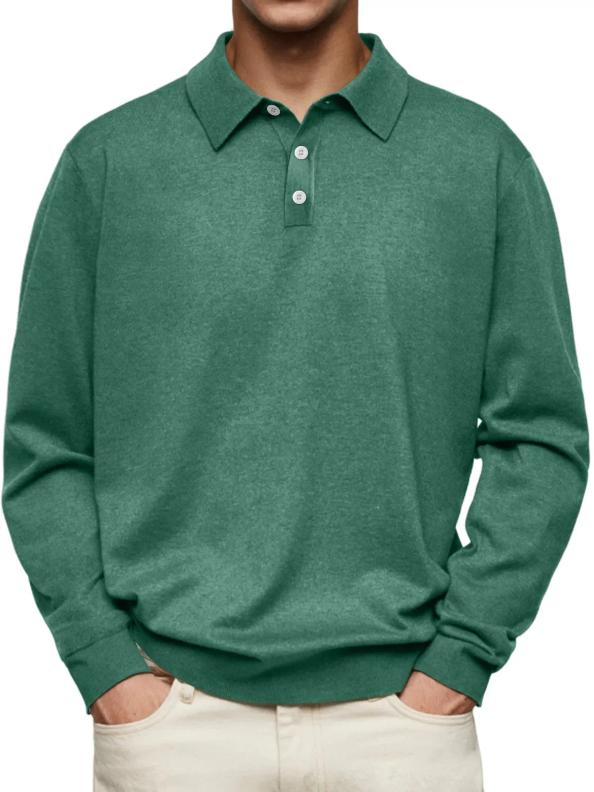 Men’s Long-Sleeve V-Collar Solid Polo Shirt – Loose Fit Casual Knitwear