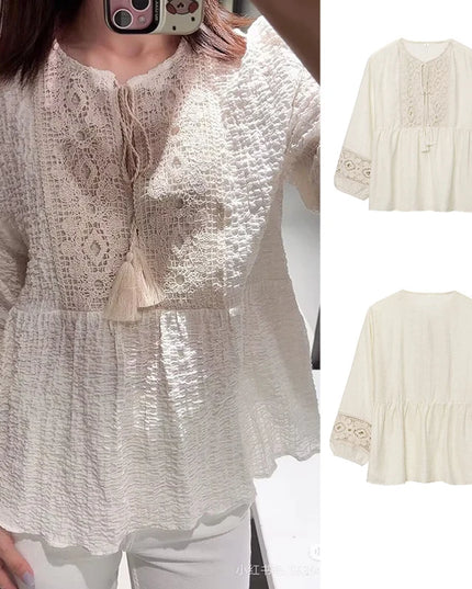 Summer Shirts Women's 2025 New Loose O-neck Lace Decoration Thin Elegant Women's Shirts Tops Chic Simple Travel Blouses