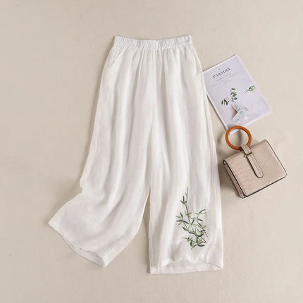 Elegant Embroidered Cotton‑Linen Wide‑Leg Trousers – Cool, Breathable & Stylish