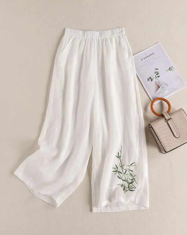 Elegant Embroidered Cotton‑Linen Wide‑Leg Trousers – Cool, Breathable & Stylish