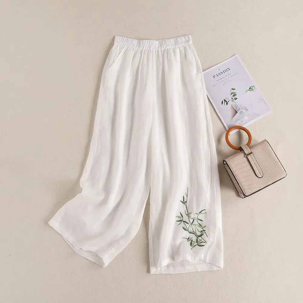Elegant Embroidered Cotton‑Linen Wide‑Leg Trousers – Cool, Breathable & Stylish