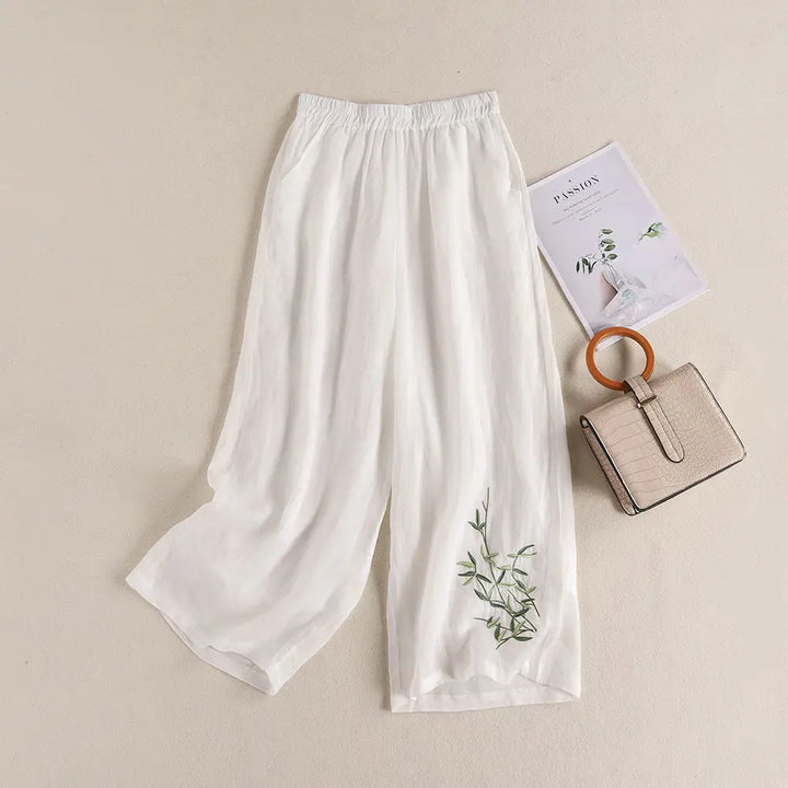 Elegant Embroidered Cotton‑Linen Wide‑Leg Trousers – Cool, Breathable & Stylish-HighTouch
