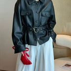 Retro Polo‑Collar Belted Leather Moto Jacket for Women-HighTouch