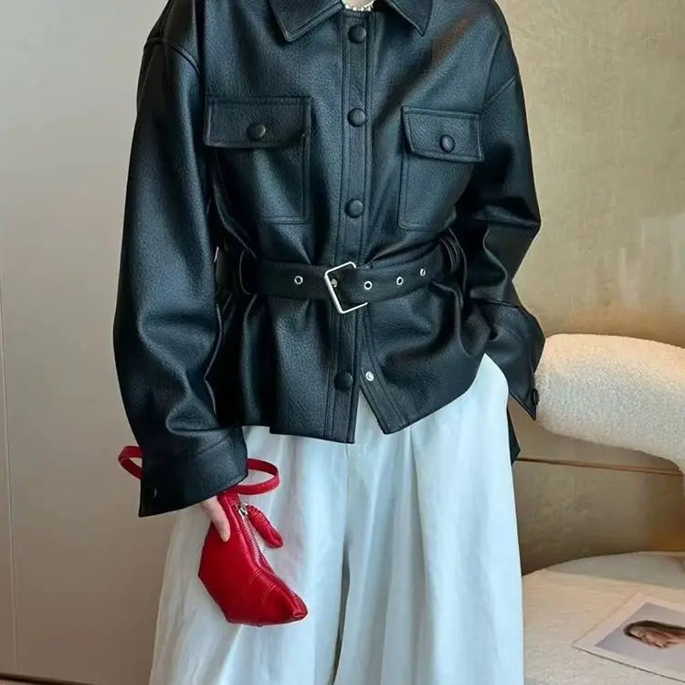 Retro Polo‑Collar Belted Leather Moto Jacket for Women