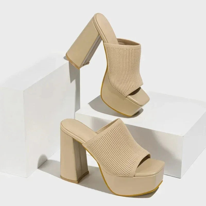 Women's Platform Block Heels – Stretch Knit 6.5cm Lift