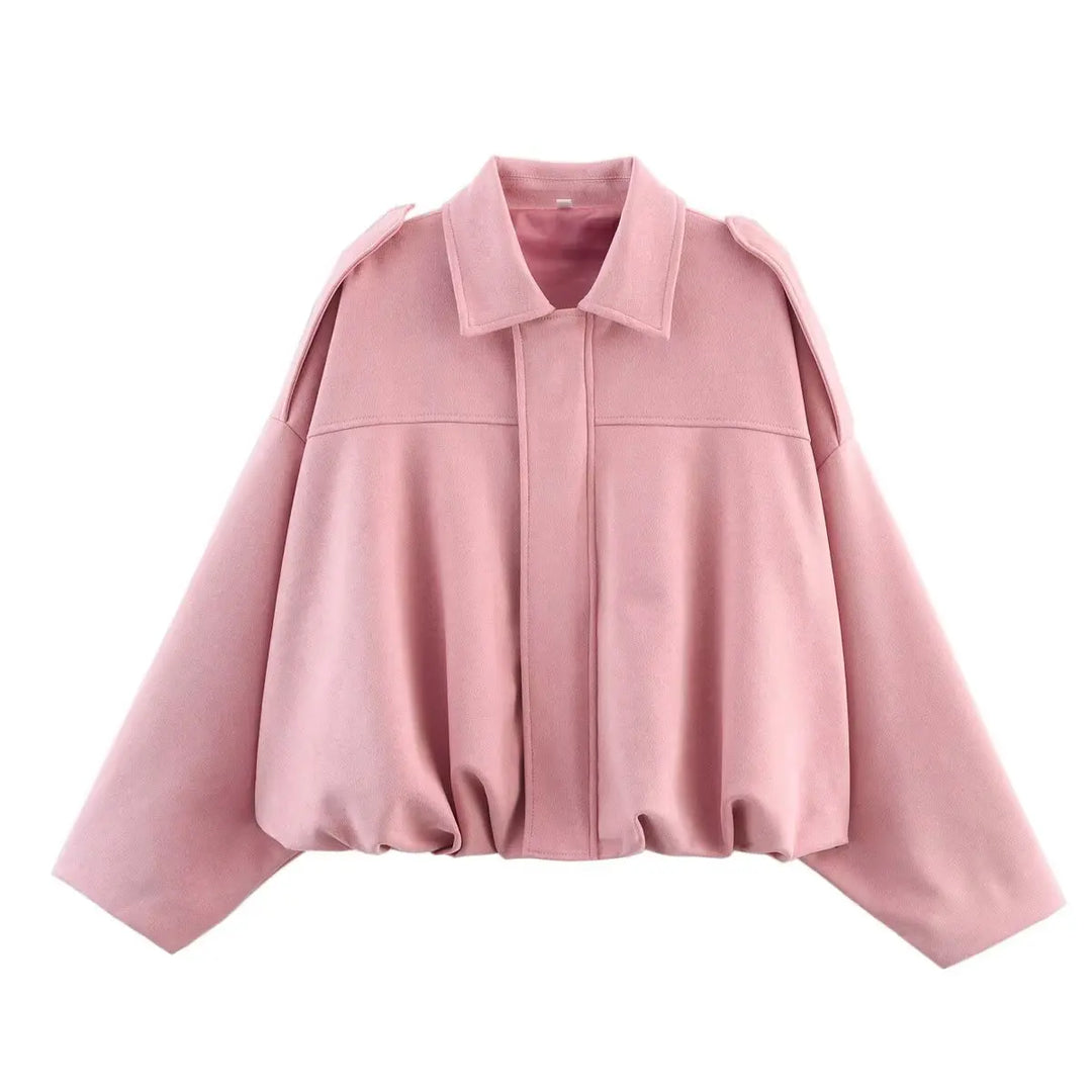 Women Oversized Suede Bomber Jacket Casual Zip Up-HighTouch