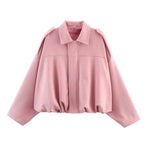 Women Oversized Suede Bomber Jacket Casual Zip Up-HighTouch