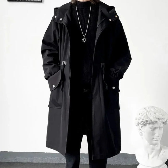 Army Green Hooded Mid-Length Windbreaker Coat Men
